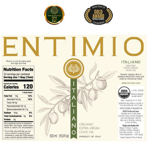 Entimio Italiano | 2024-25 Harvest Versatile Organic Extra Virgin Olive Oil, Award-Winning | 16.9 fl oz